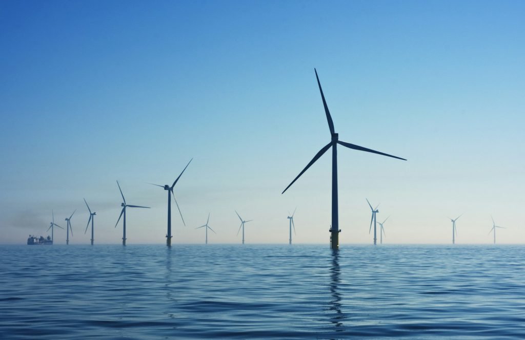 An offshore wind farm at sea