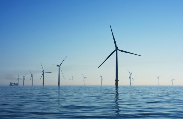 An offshore wind farm at sea